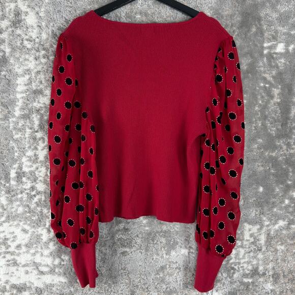 On twelfth Plus Size 3X Ribbed Polka Dot Square Neck Blouse Red Long Sleeve Top - Picture 4 of 10